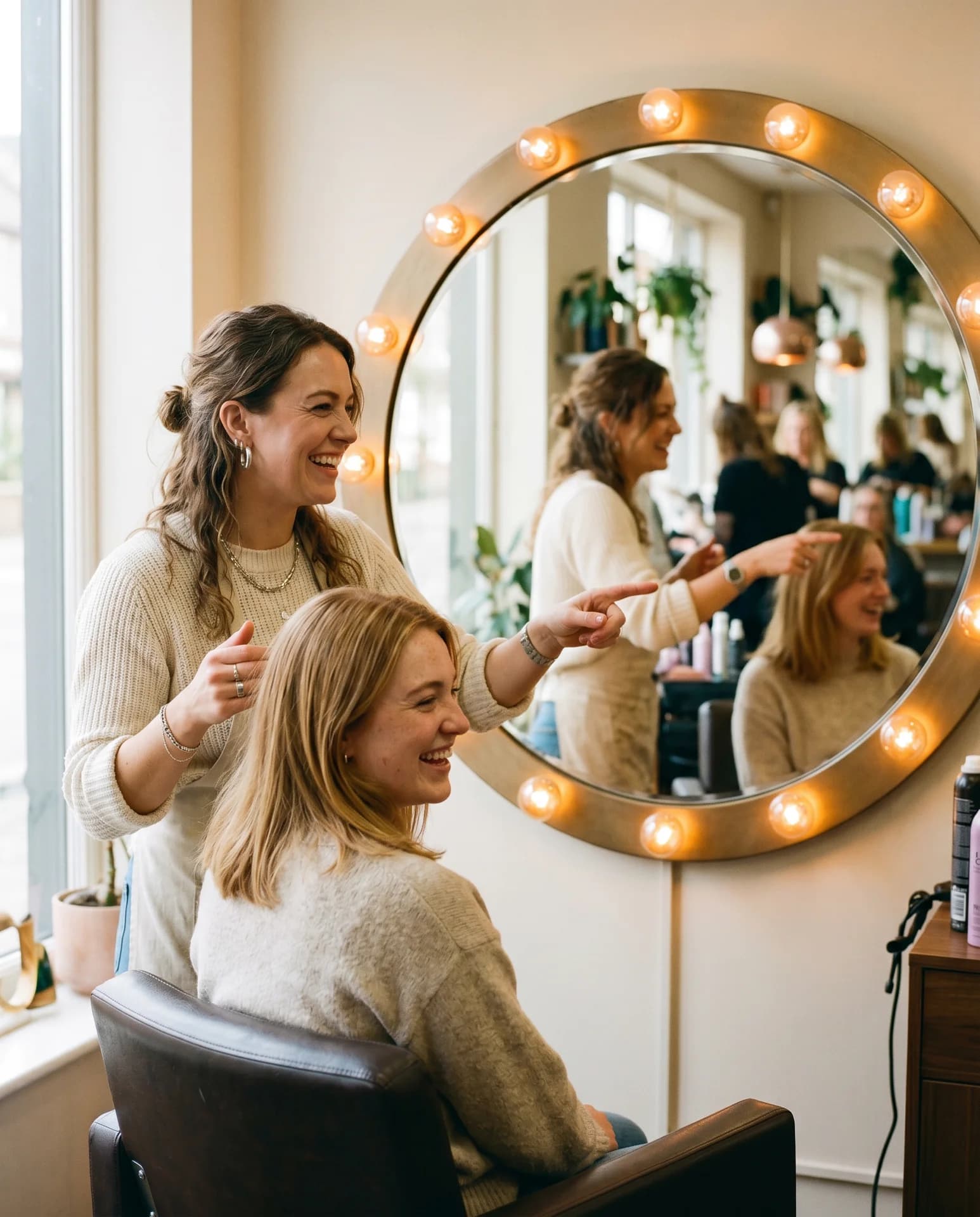 A Spokane stylist and client laughing together at a bulb-lit salon mirror