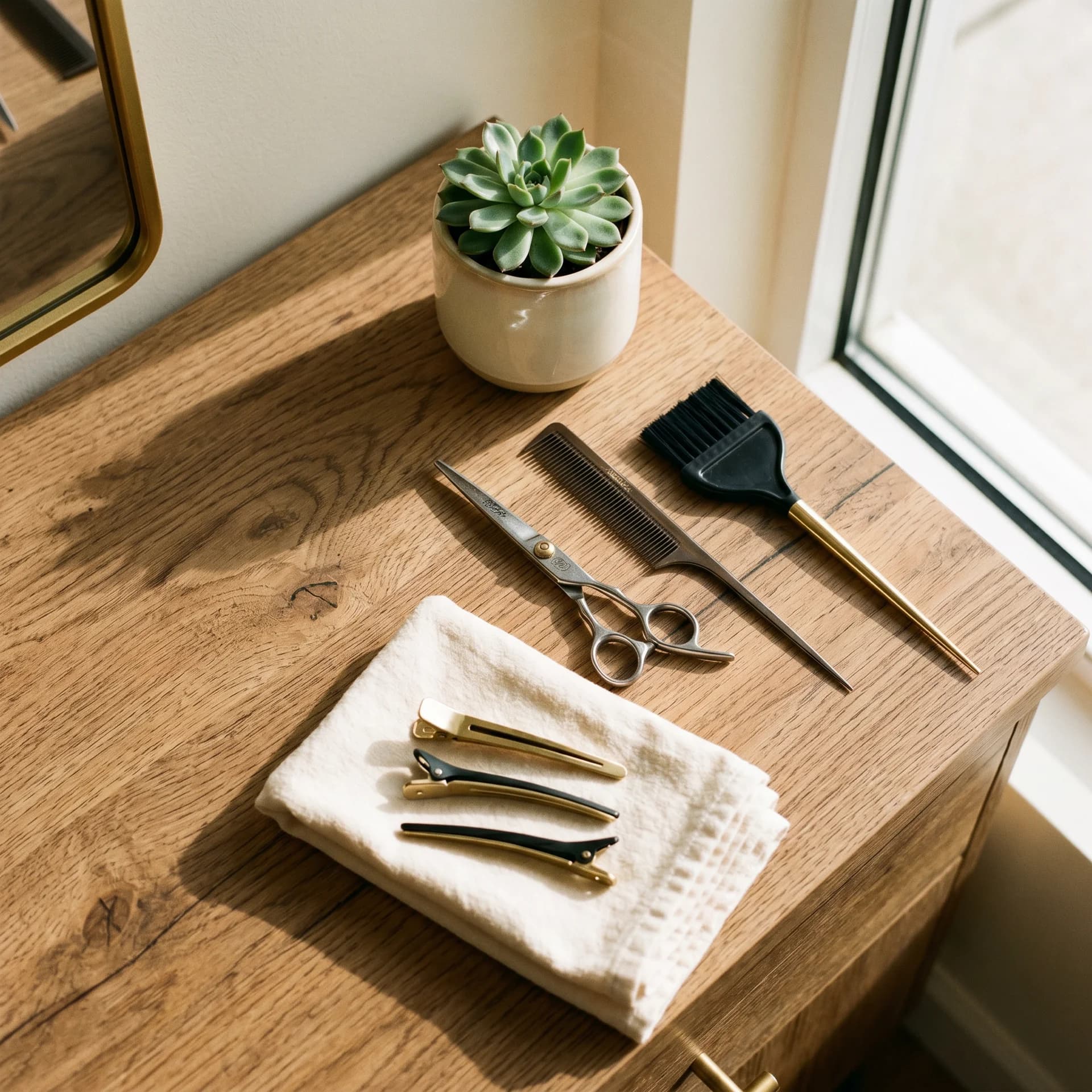 Shears, comb, color brush, and clips on a sunlit salon station