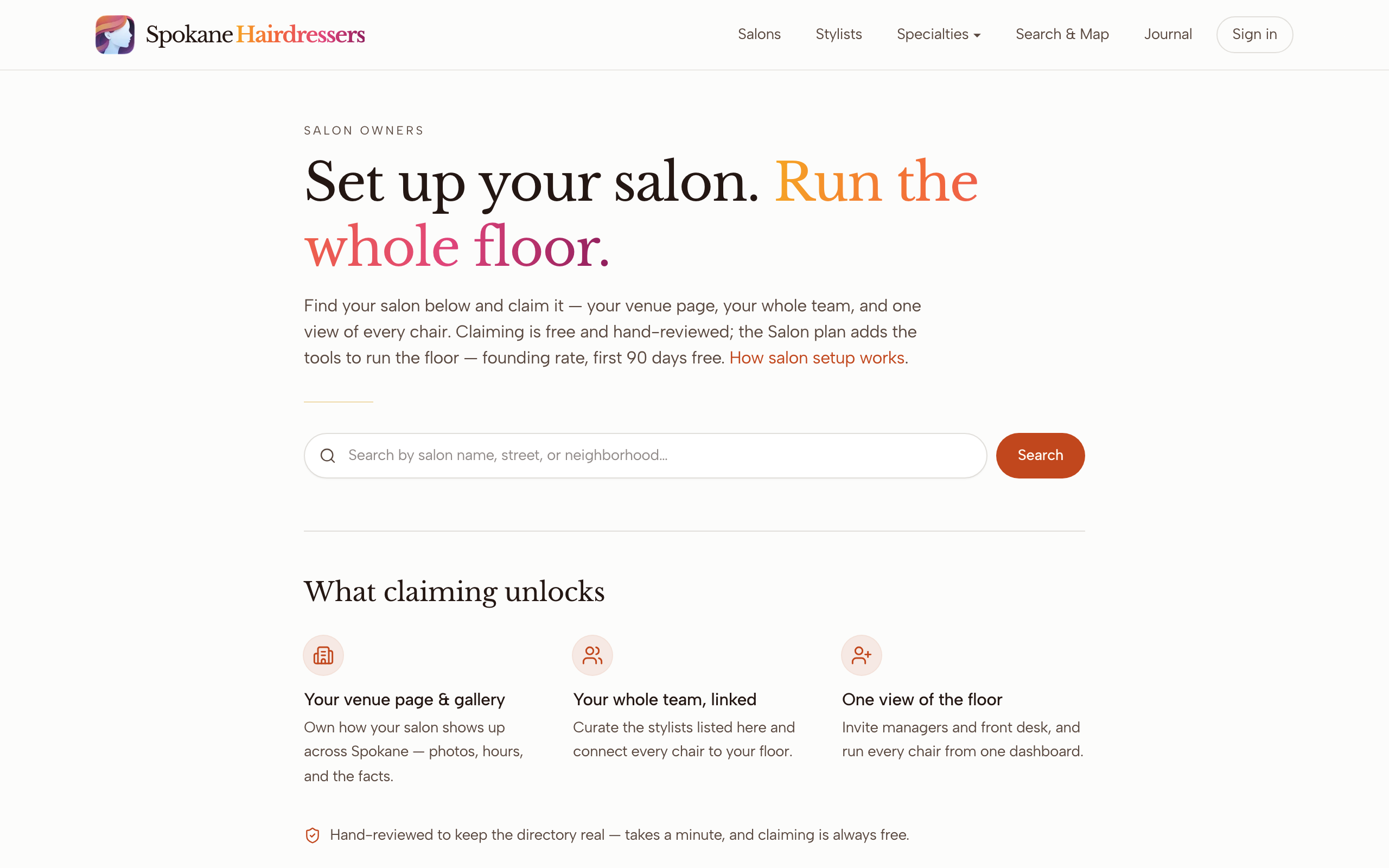 The salon claim search page