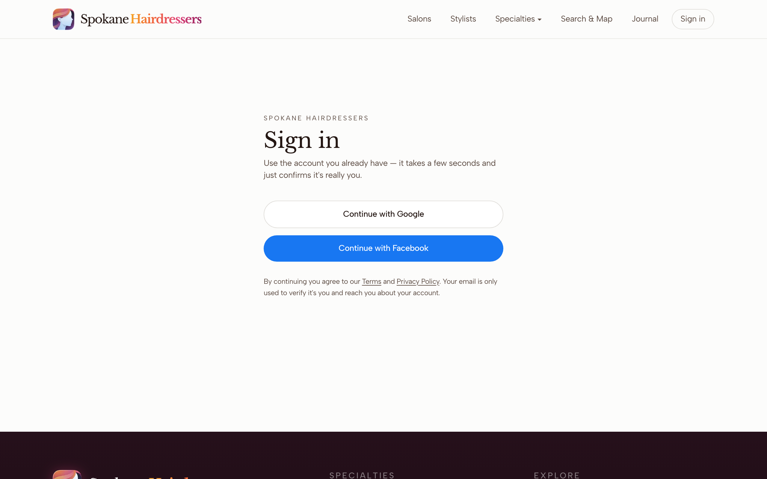 The sign-in page with the Continue with Google, Facebook, and Apple buttons
